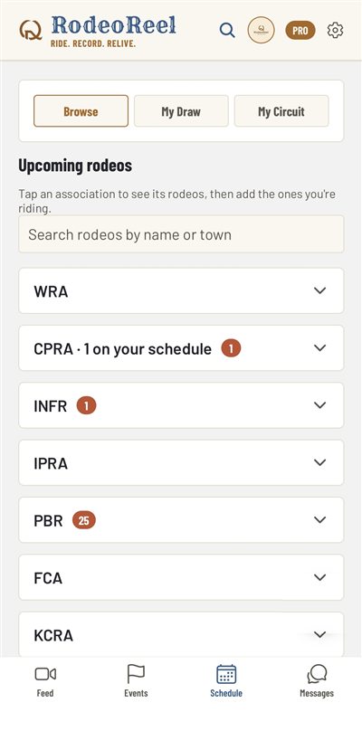 Browsing upcoming rodeos by association in RodeoReel, with a search box