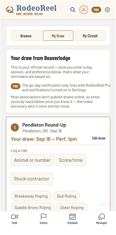 The My Draw screen in RodeoReel showing a rider's draw for a rodeo and a place to log a ride
