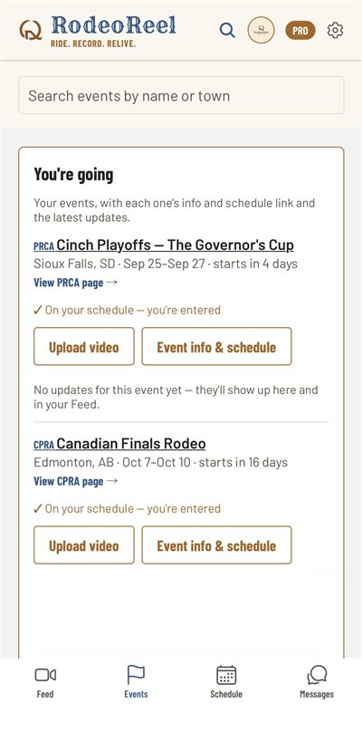 The RodeoReel Events screen showing the rodeos you are going to, with upload video and event info buttons