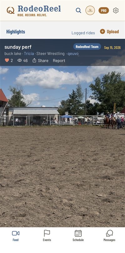 The RodeoReel Highlights feed showing a ride video with the rider, event and animal tagged
