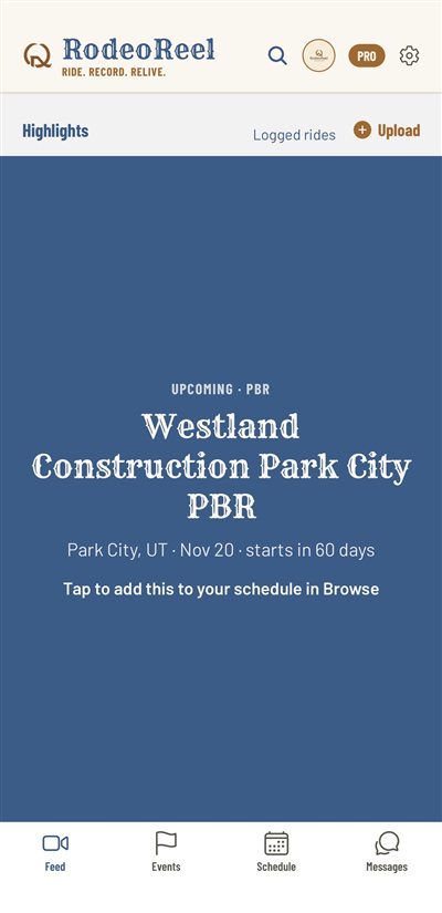 An upcoming PBR rodeo shown in the RodeoReel feed with a prompt to add it to your schedule